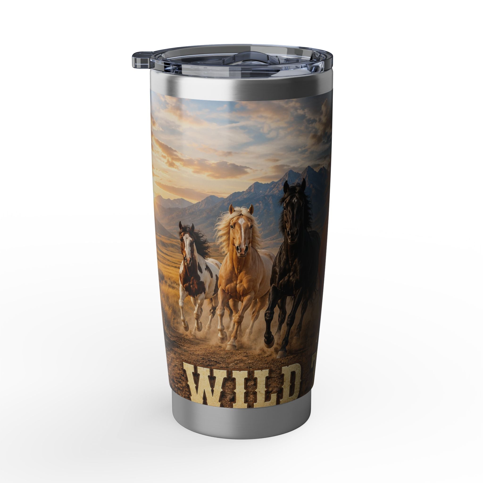 Wild Mustang 20oz Tumbler — Running Horses Mountain Sunset