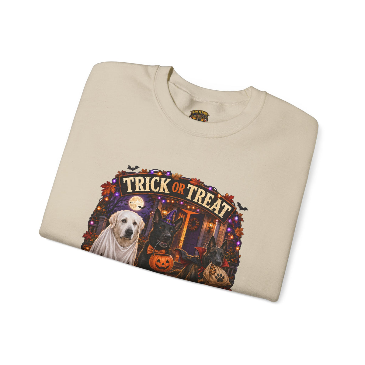Halloween Crewneck Sweatshirt - "Trick or Treat, Blame the Dogs" Cute K-9 Dog Ghost Pumpkin Design