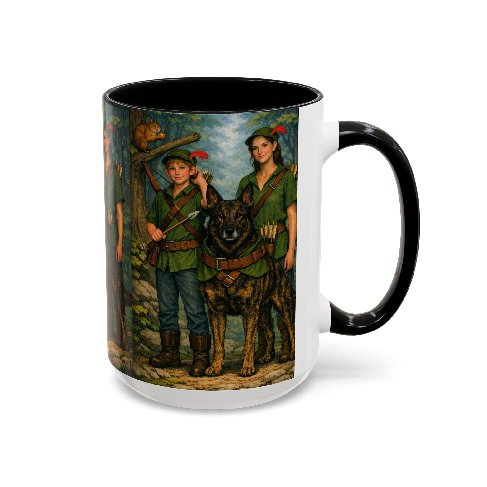 Robin Hood Duo &  Dutch Shepherd Dog Coffee Mug – Fantasy Archer Duo Illustration, Gift for Adventure Fans