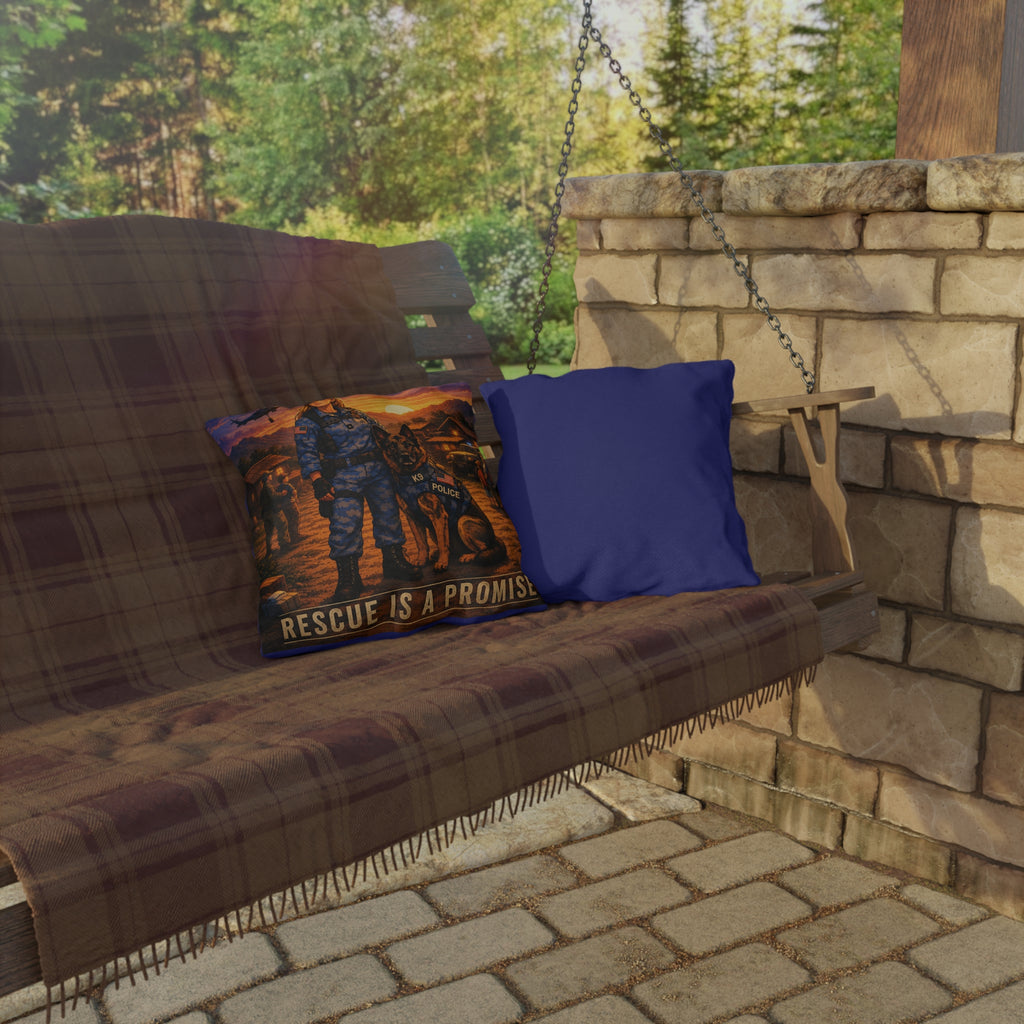 Police K9 Rescue Outdoor Pillow – Tribute to K9 Handlers, Sunset Service Scene