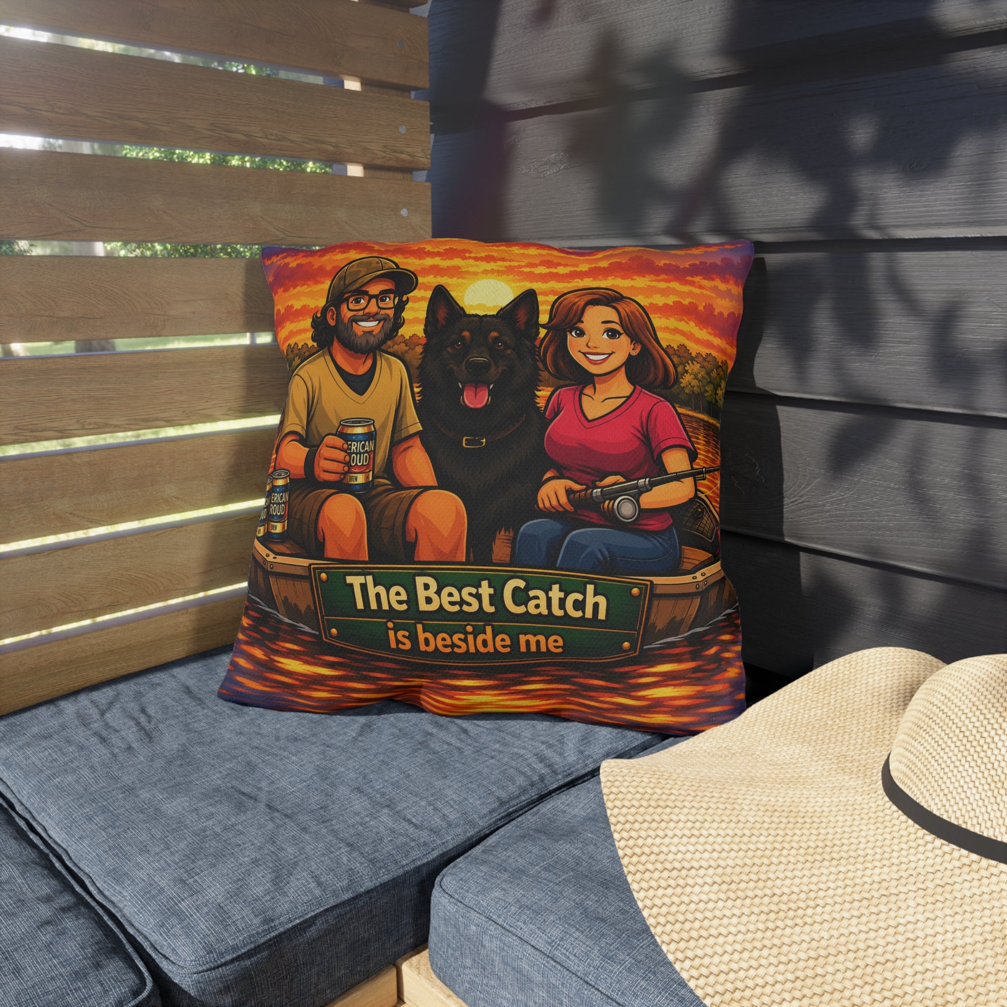 The Best Catch Is Beside Me Outdoor Pillow – Personalized Fishing Couple & Dog Throw Pillow