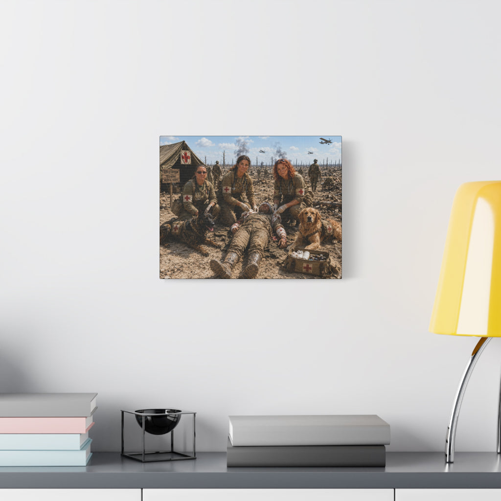 Military Medic Canvas Print — WWII Battlefield Nurses with Service Dogs