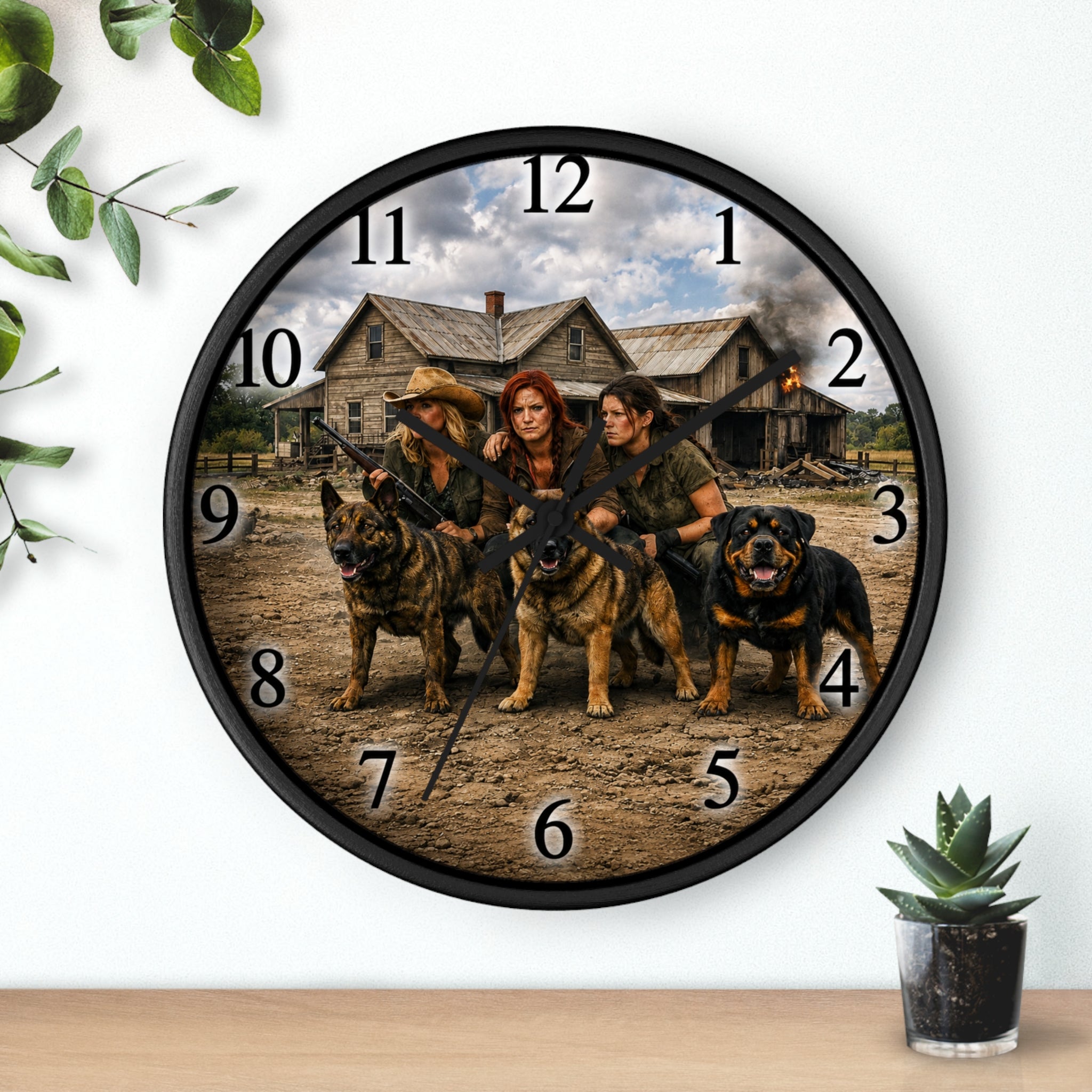 Western Ranch Women with Dogs Wall Clock — Rustic Farmhouse Decor