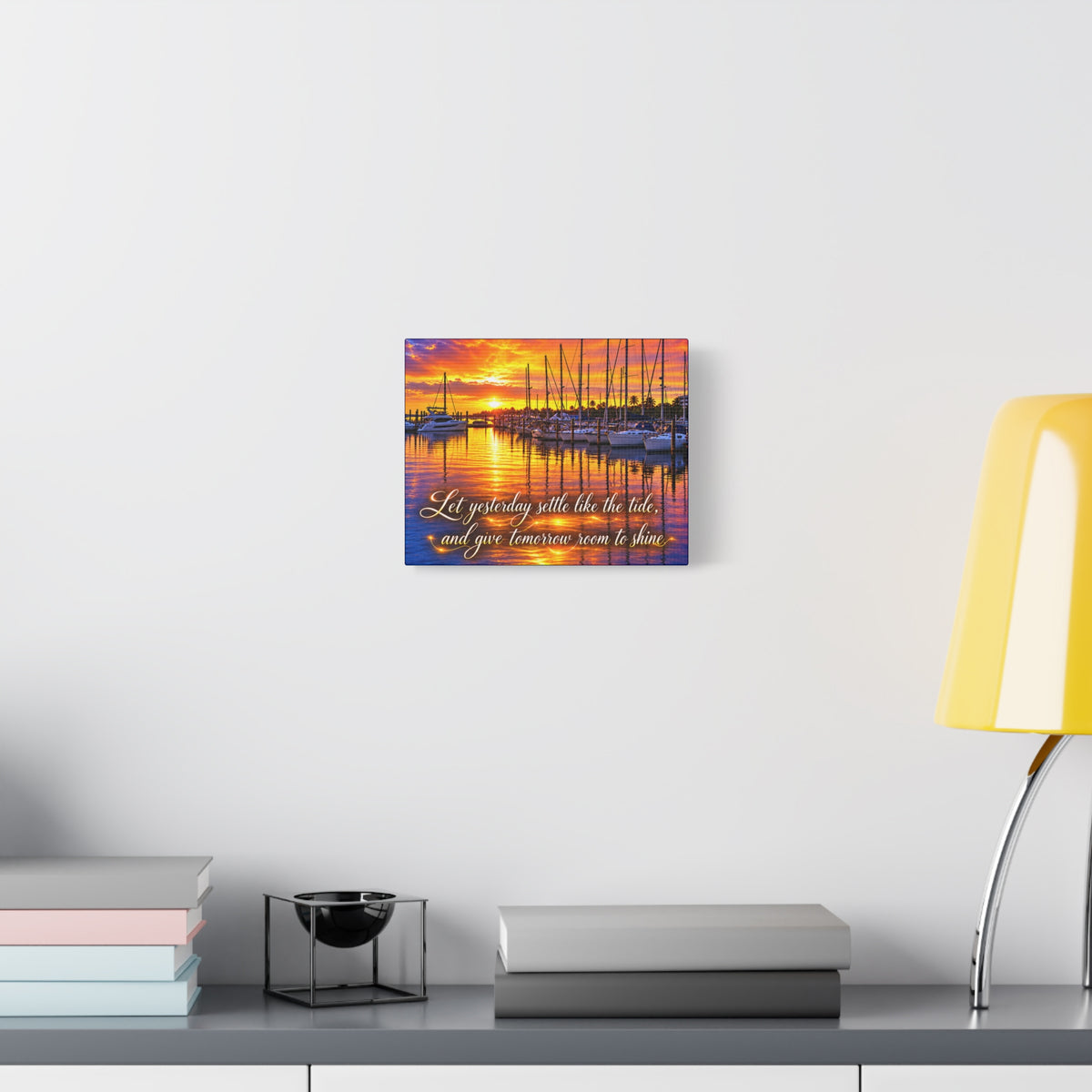 Sunset Marina Canvas Wall Art – “Let Yesterday Settle Like the Tide” Inspirational Coastal Decor