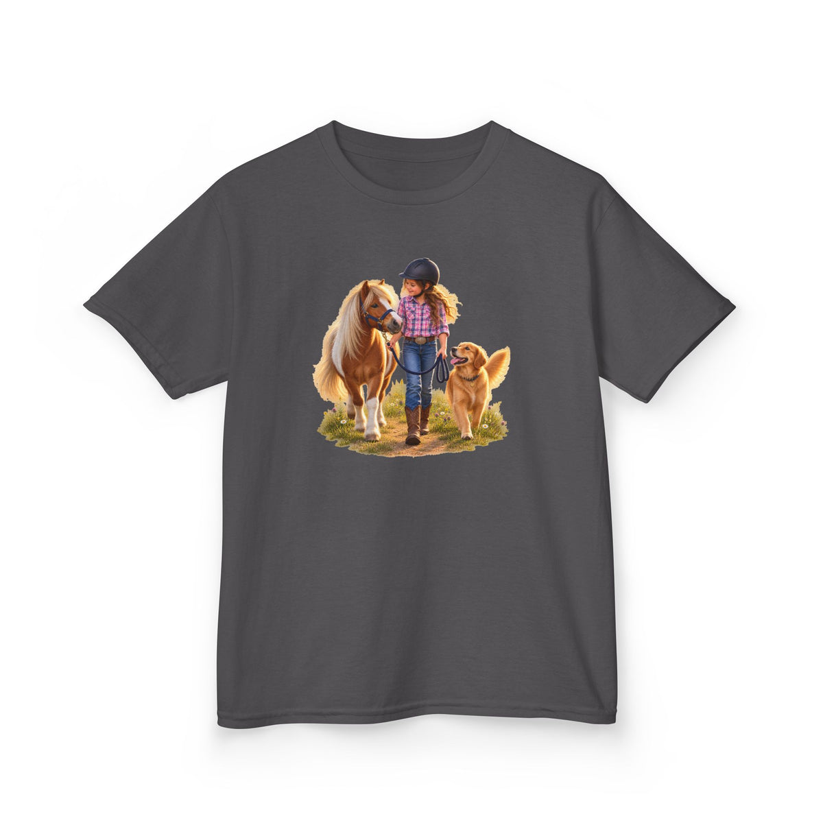 Kids Tee — Little Rider with Pony & Dog Illustration