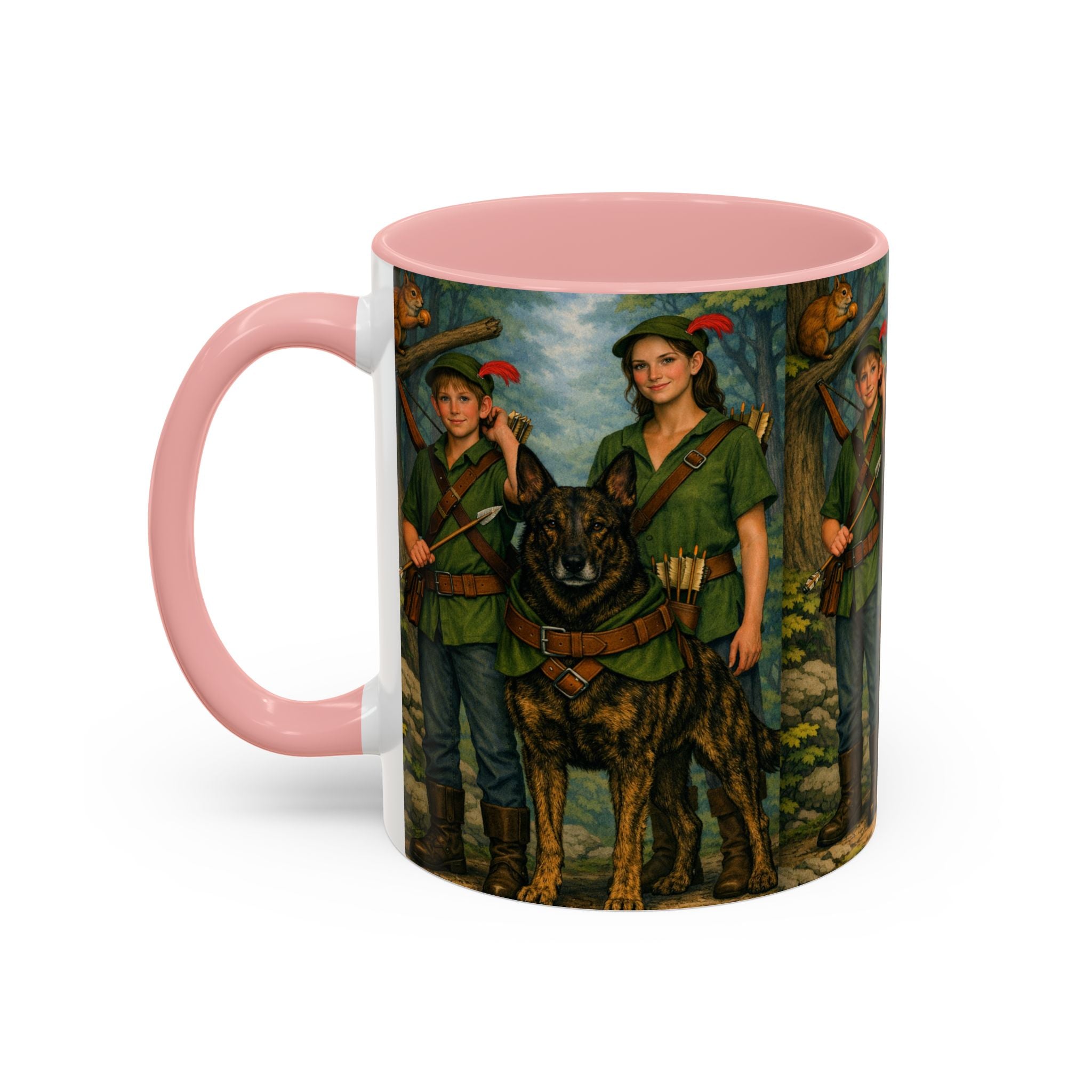 Robin Hood Duo &  Dutch Shepherd Dog Coffee Mug – Fantasy Archer Duo Illustration, Gift for Adventure Fans