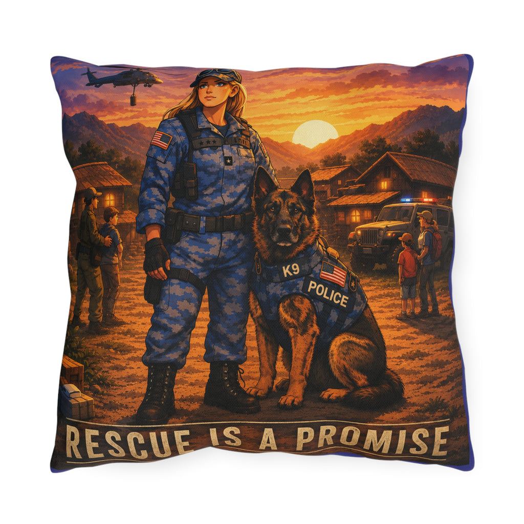 Police K9 Rescue Outdoor Pillow – Tribute to K9 Handlers, Sunset Service Scene