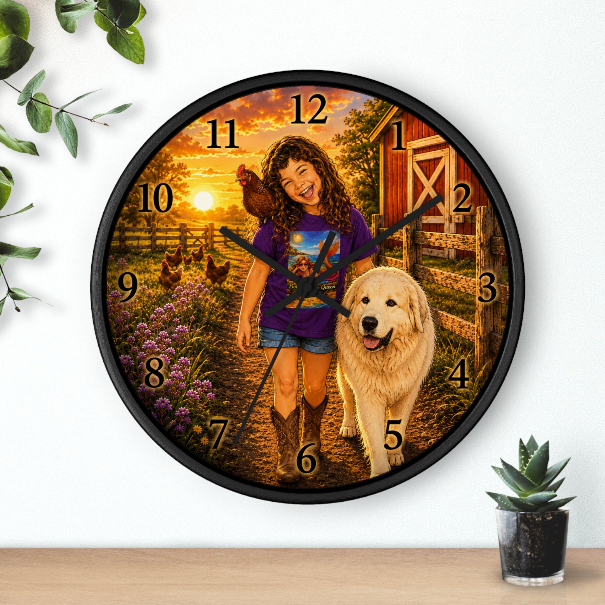 Farmhouse Kids Wall Clock — Girl with Dog & Rooster Sunset Scene