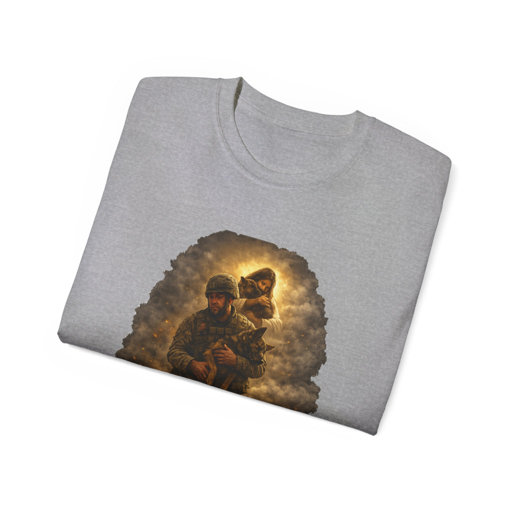 T-Shirt — "A Soldier's Last Goodbye and a Savior's First Embrace" Patriotic Military Tribute