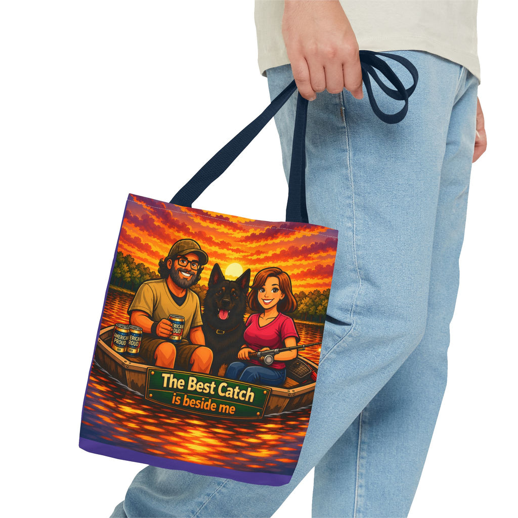 Tote Bag — "The Best Catch Is Beside Me" Fishing Couple & Dog Sunset Tote