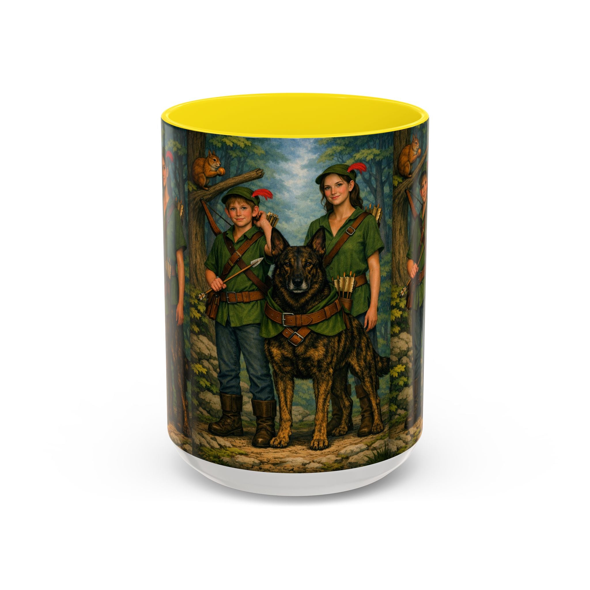 Robin Hood Duo &  Dutch Shepherd Dog Coffee Mug – Fantasy Archer Duo Illustration, Gift for Adventure Fans