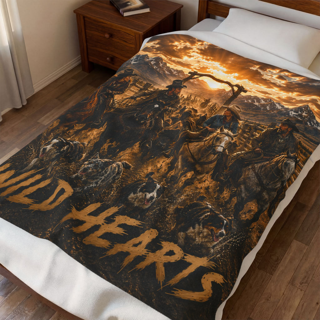 Wild Hearts Buffalo Velveteen Plush Blanket — Western Cowboy Dogs Scene Throw