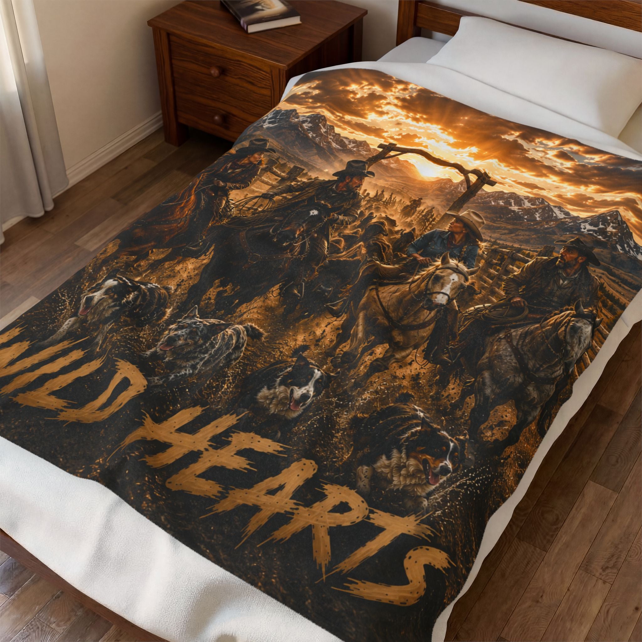 Wild Hearts Buffalo Velveteen Plush Blanket — Western Cowboy Dogs Scene Throw