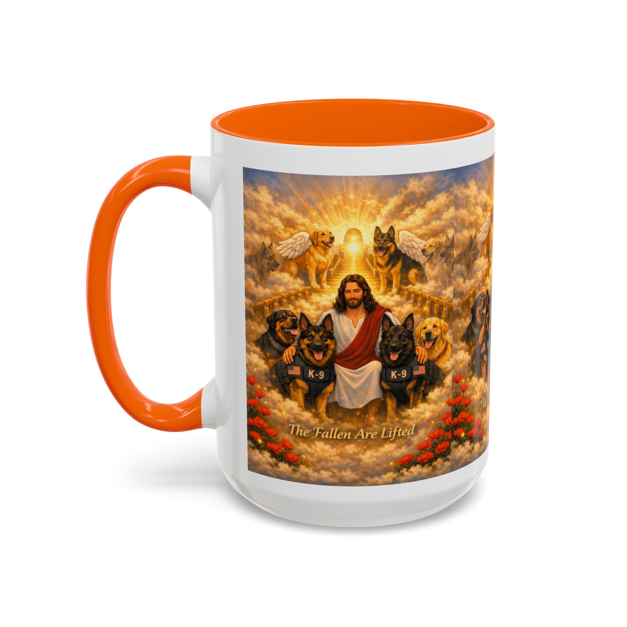 Christian Dog Memorial Coffee Mug — “The Fallen Are Lifted” Accent 11/15oz