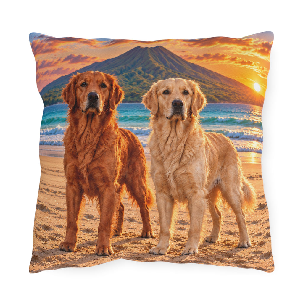 Golden Retrievers Beach Sunset Outdoor Pillow