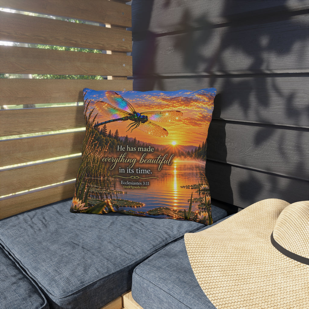 Outdoor Decorative Pillow – Dragonfly Sunset Lake with Ecclesiastes 3:11 Bible Verse