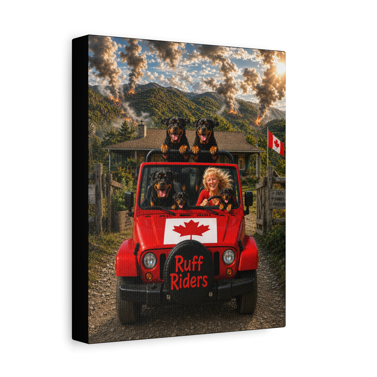 Ruff Riders Canadian Jeep Canvas Print — Dog Lover Wall Art