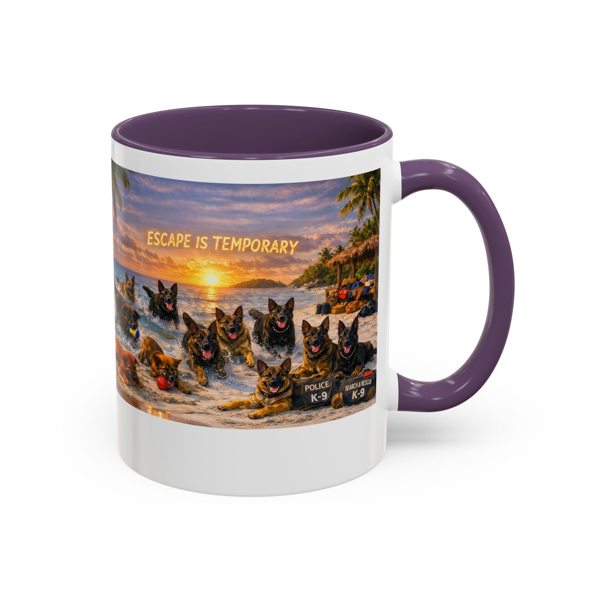 Dutch Shepherd Beach Coffee Mug — "Escape Is Temporary" Accent Mug (11/15oz)