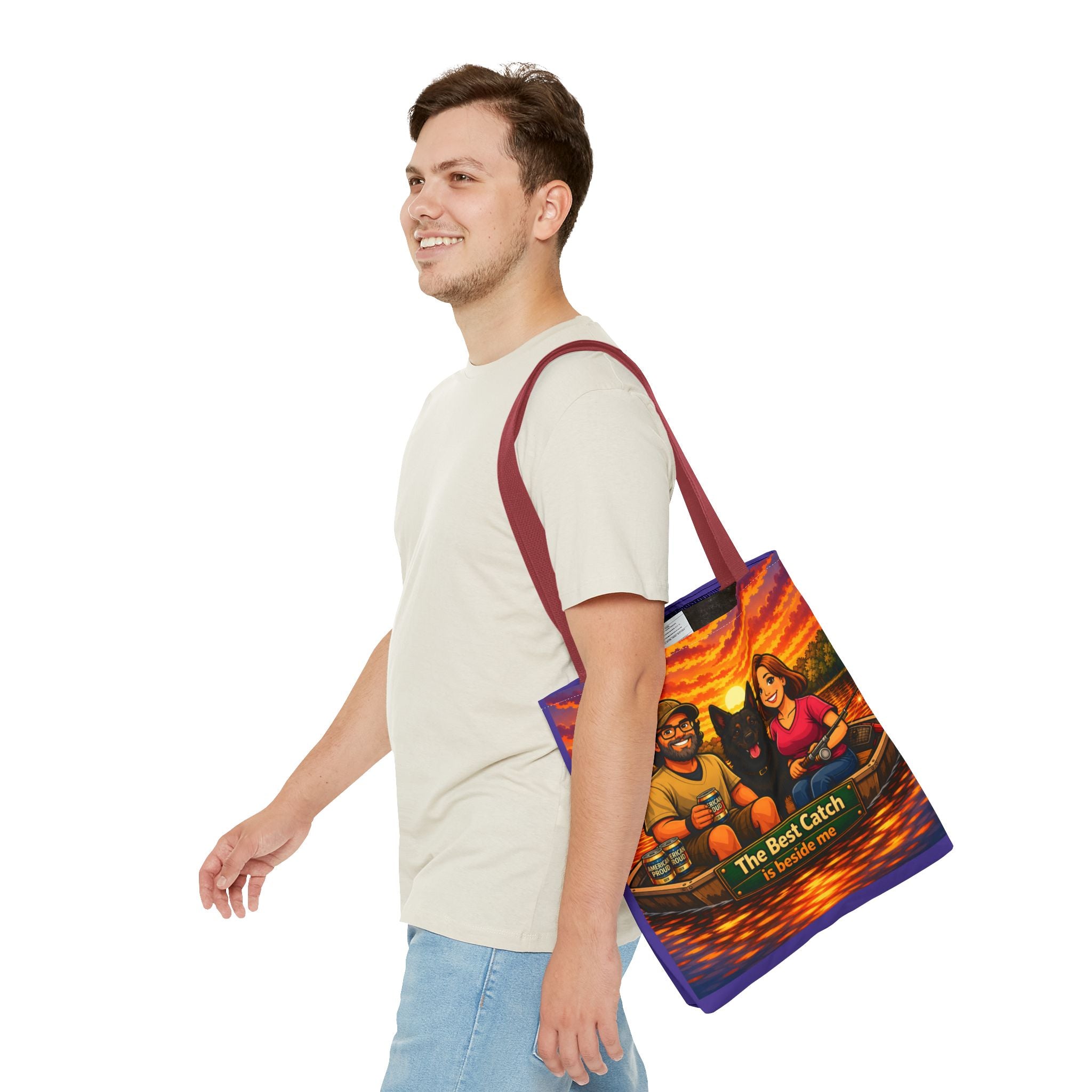 Tote Bag — "The Best Catch Is Beside Me" Fishing Couple & Dog Sunset Tote