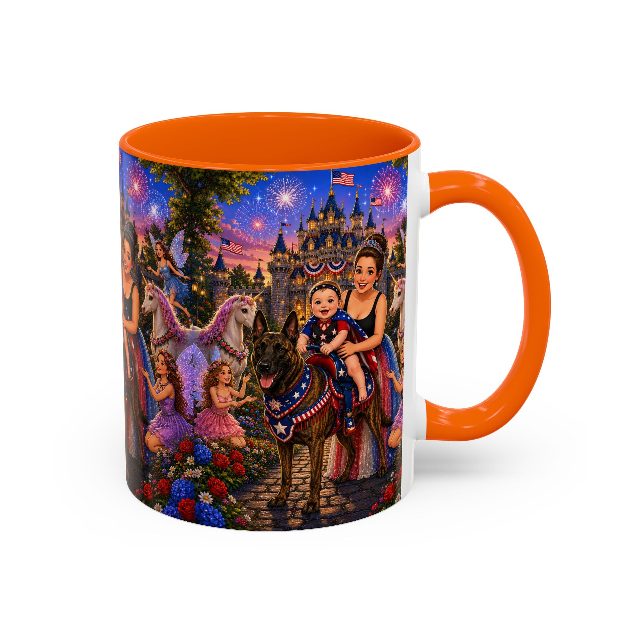 Patriotic Fairy Tale Coffee Mug — Family Castle, Fireworks & Unicorns
