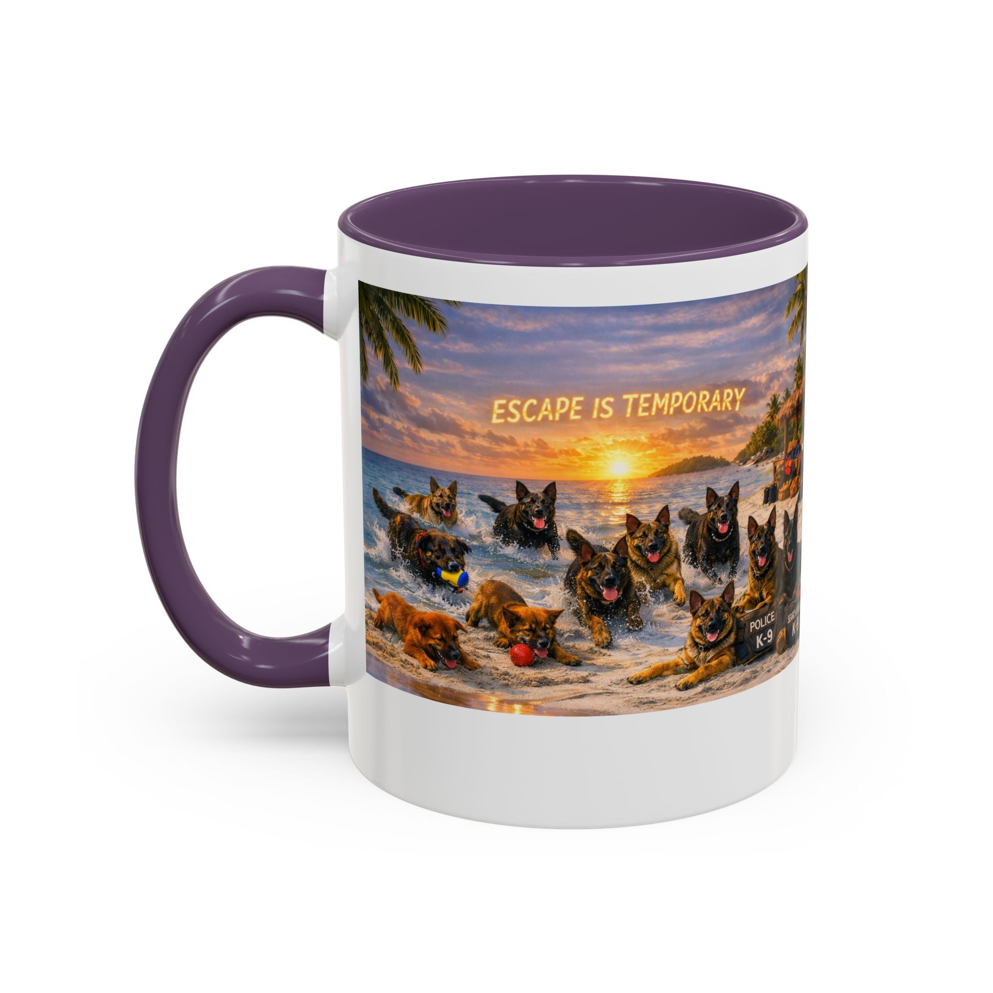 Dutch Shepherd Beach Coffee Mug — "Escape Is Temporary" Accent Mug (11/15oz)