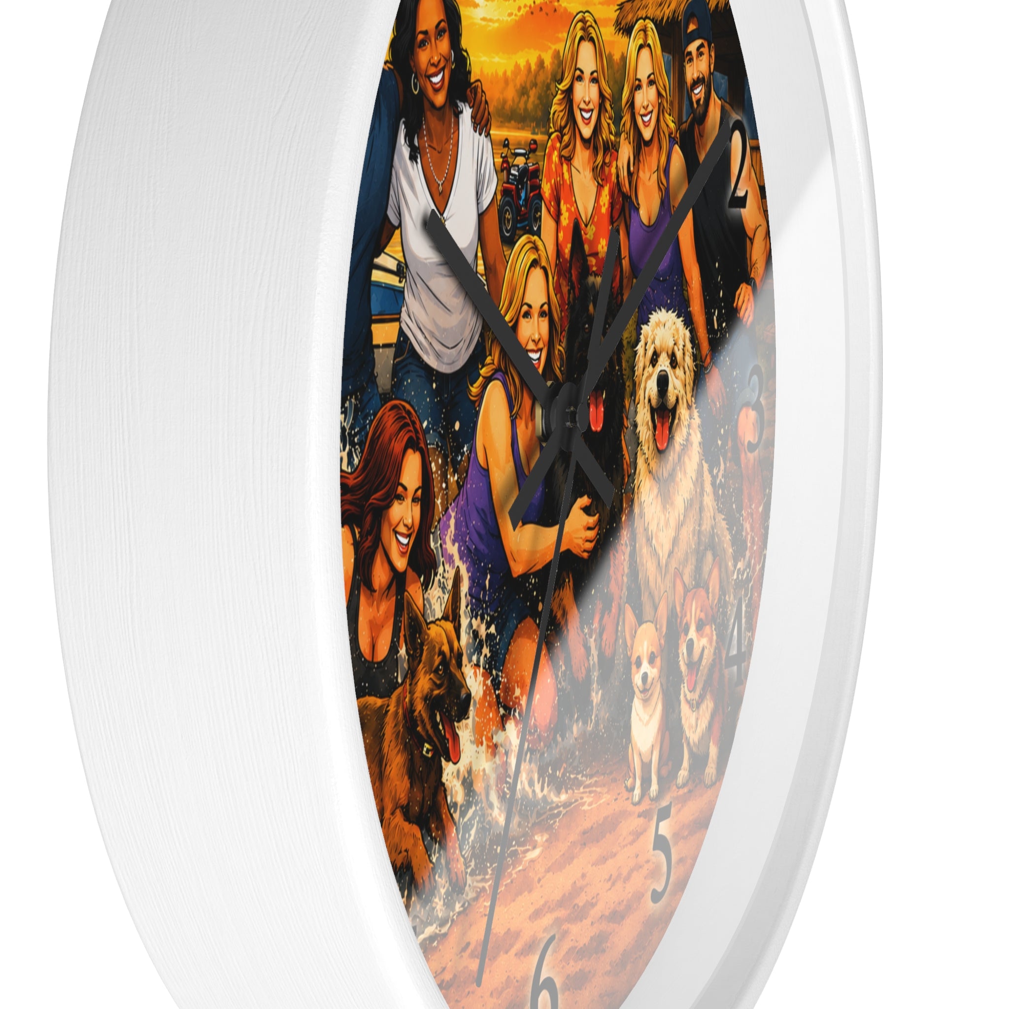 Sandy Paws Beach Wall Clock — Sunset Family and Dogs Portrait Design