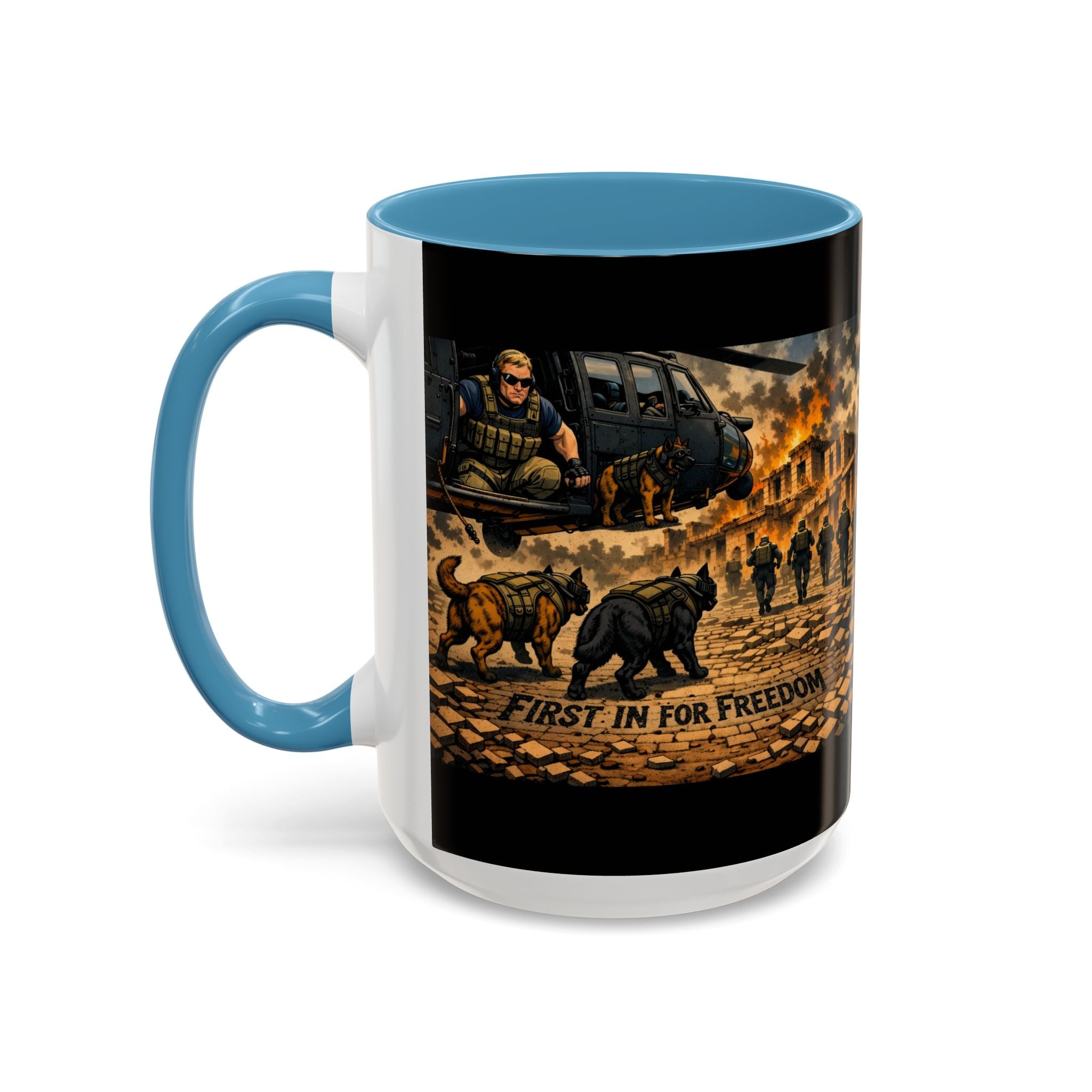 Military K9 Coffee Mug — 'First In for Freedom' Accent Ceramic Mug