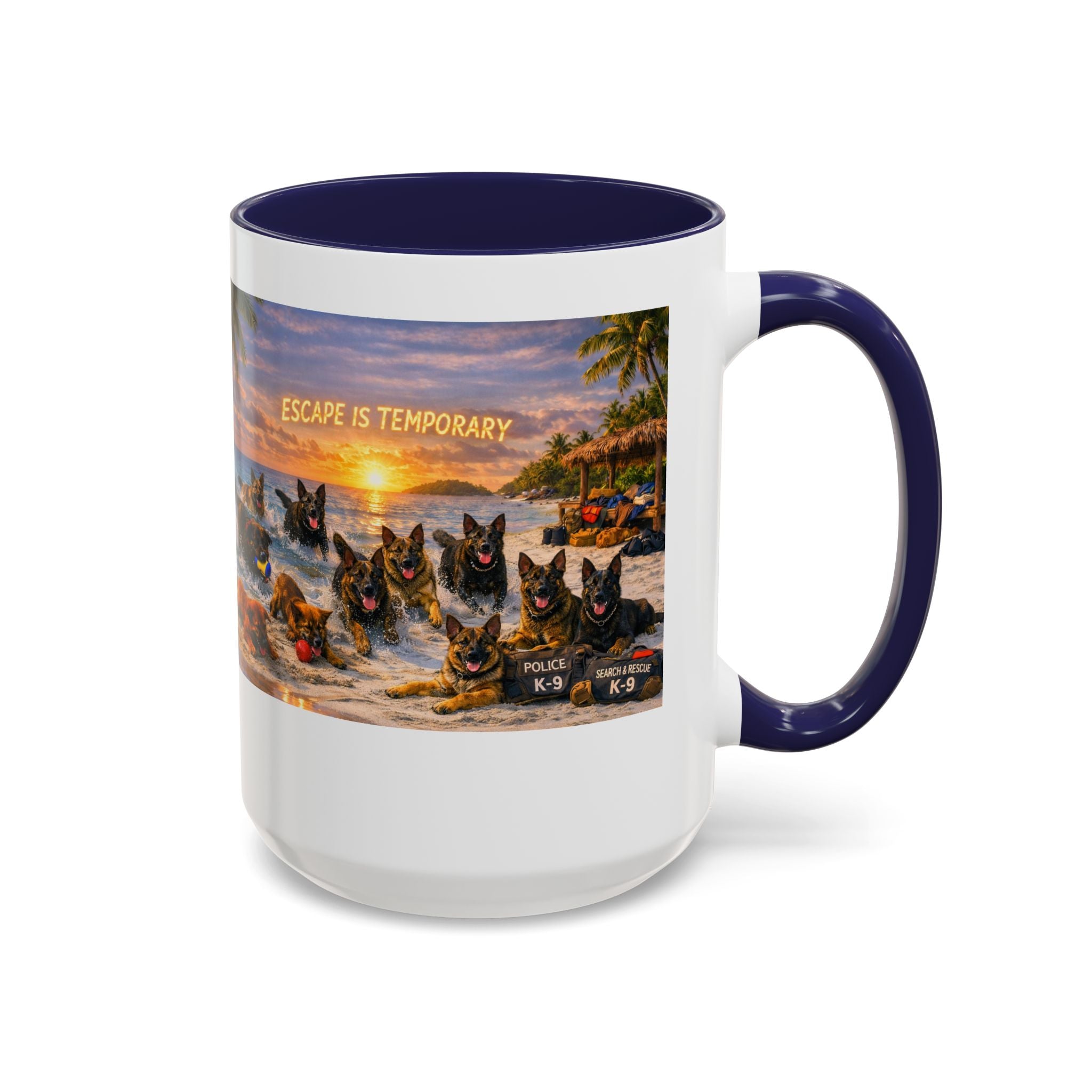 Dutch Shepherd Beach Coffee Mug — "Escape Is Temporary" Accent Mug (11/15oz)