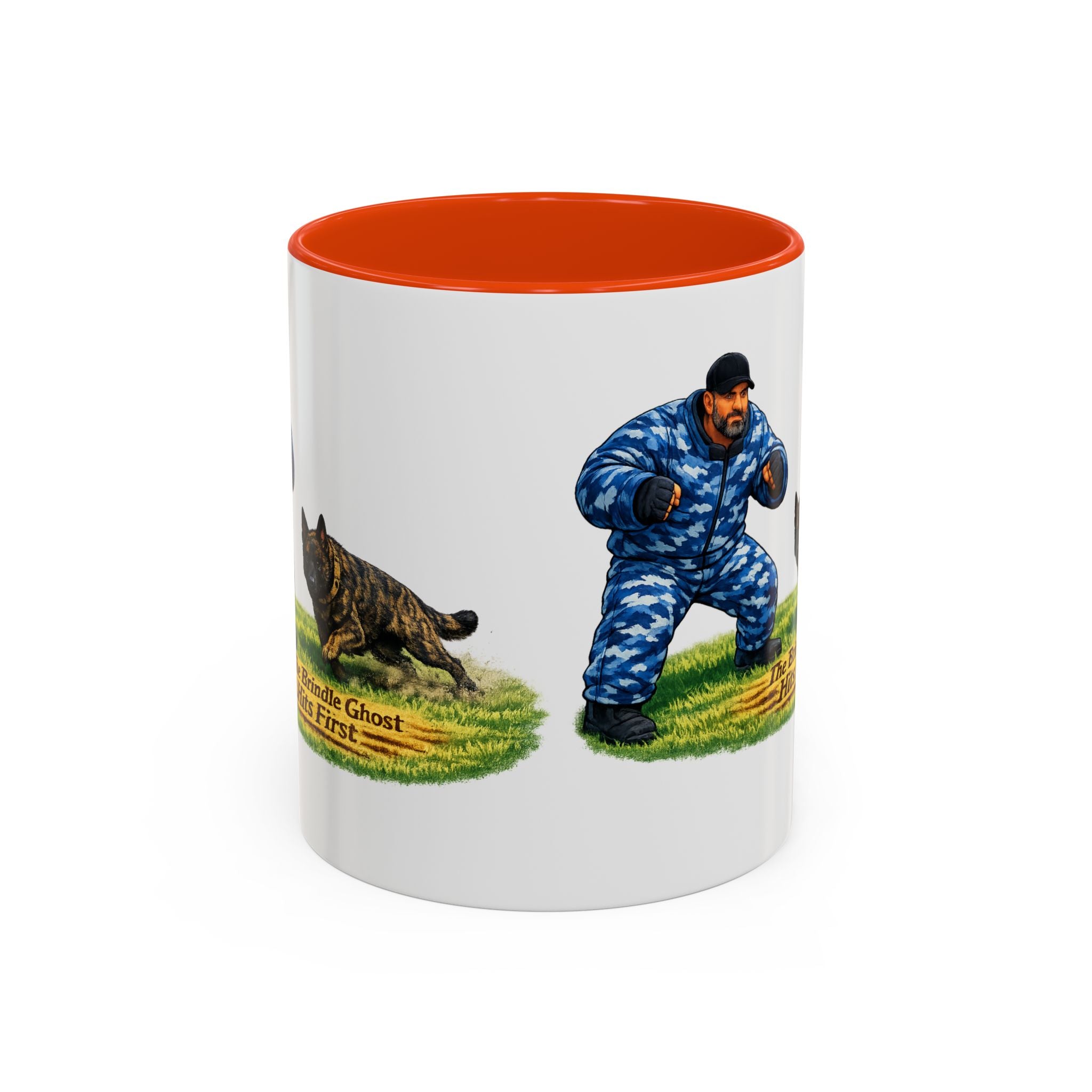 K9 Protection Trainer Mug — “The Brindle Ghost Hits First” Color Accent Coffee Cup (11oz/15oz)