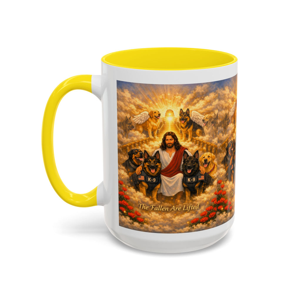 Christian Dog Memorial Coffee Mug — “The Fallen Are Lifted” Accent 11/15oz