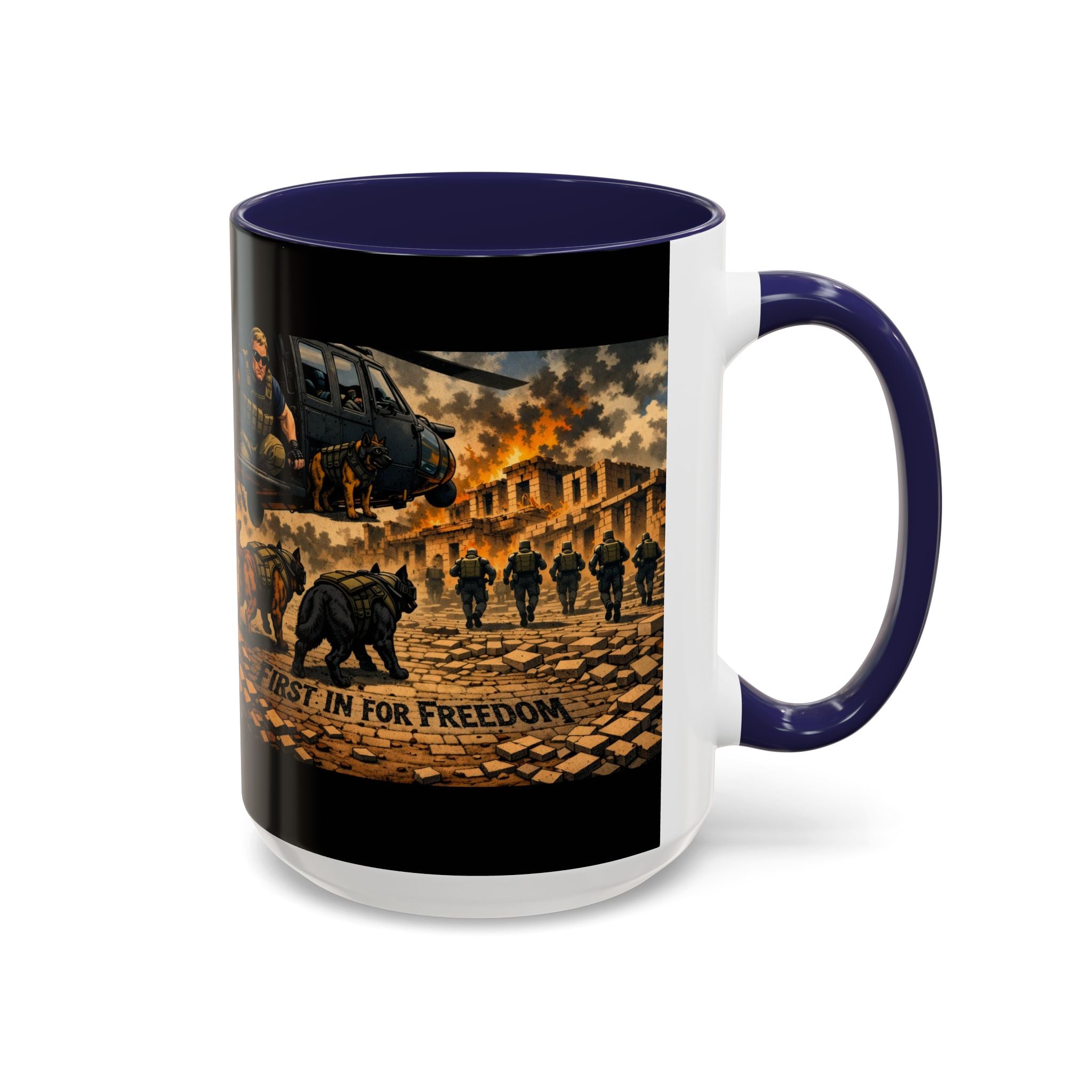 Military K9 Coffee Mug — 'First In for Freedom' Accent Ceramic Mug