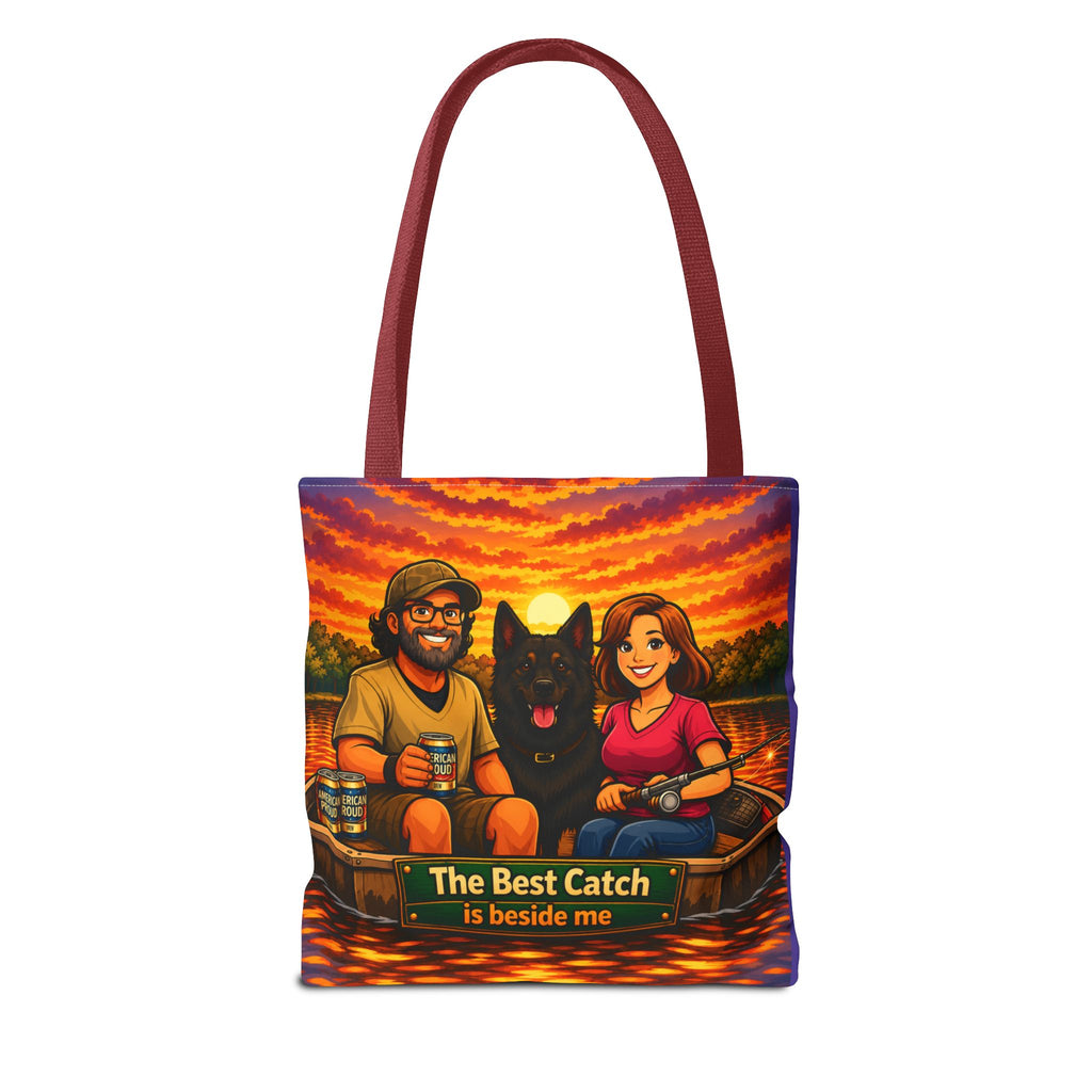 Tote Bag — "The Best Catch Is Beside Me" Fishing Couple & Dog Sunset Tote