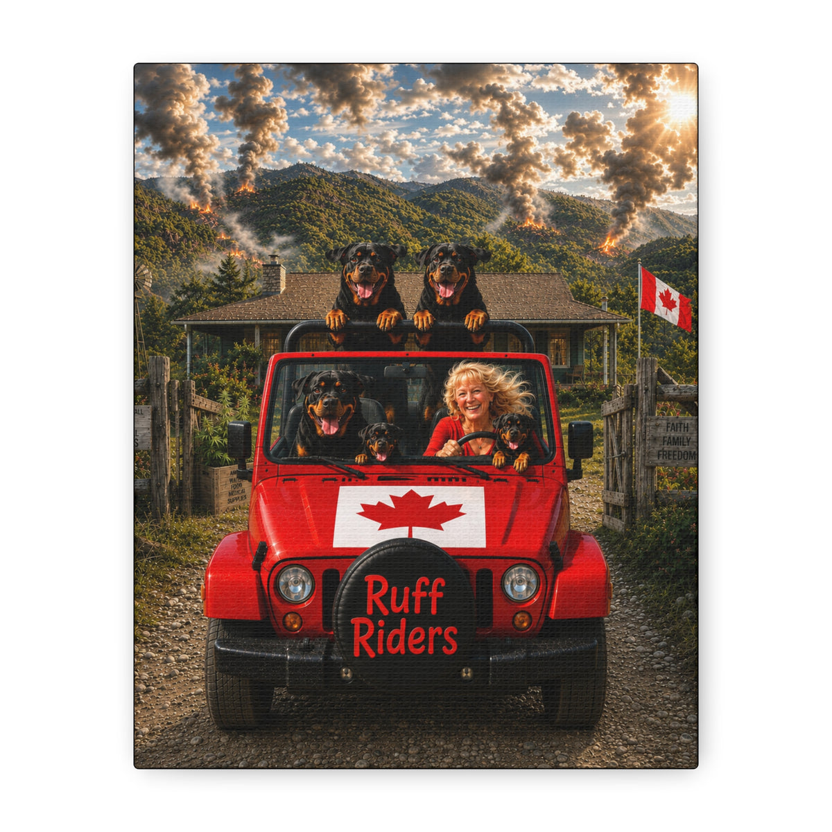 Ruff Riders Canadian Jeep Canvas Print — Dog Lover Wall Art