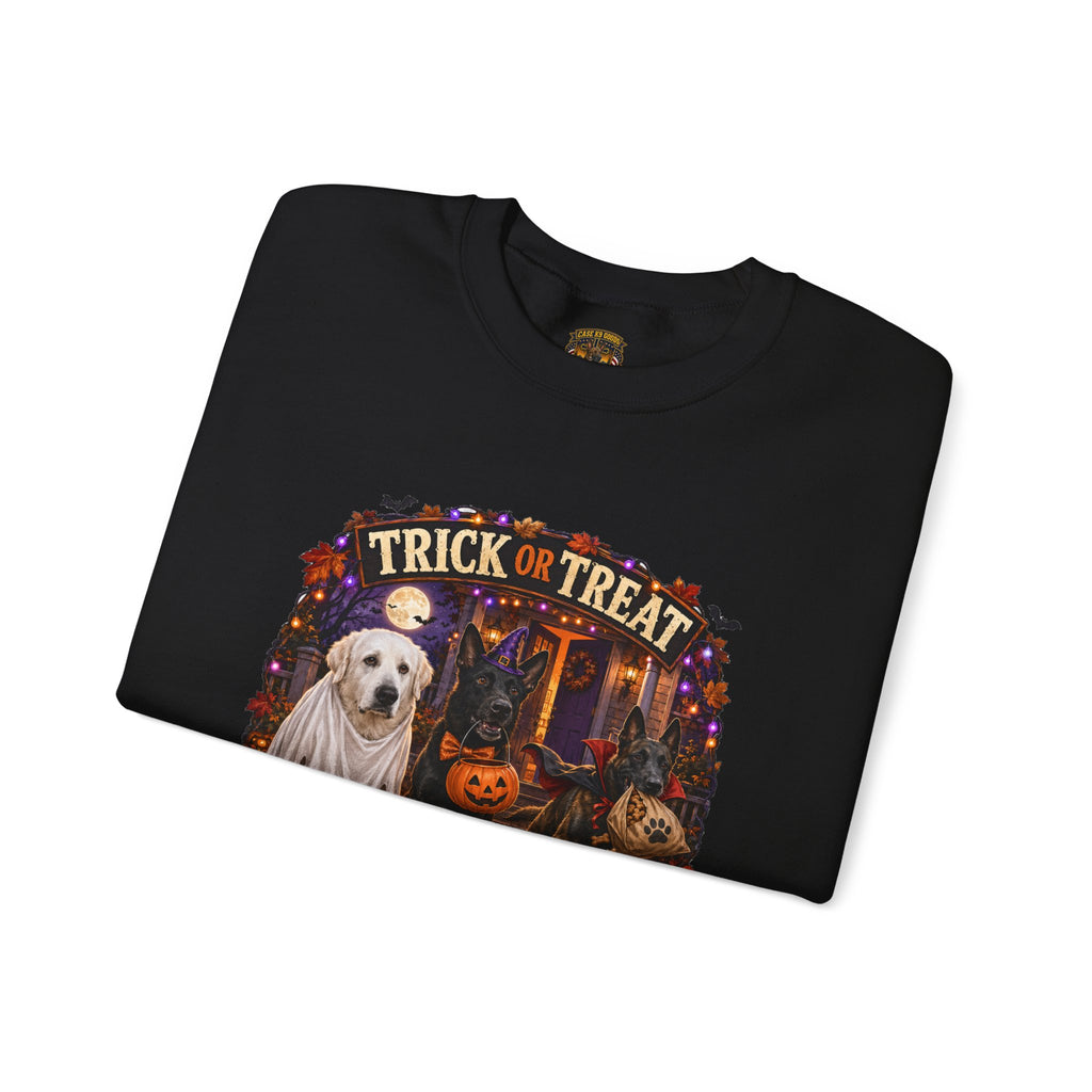 Halloween Crewneck Sweatshirt - "Trick or Treat, Blame the Dogs" Cute K-9 Dog Ghost Pumpkin Design