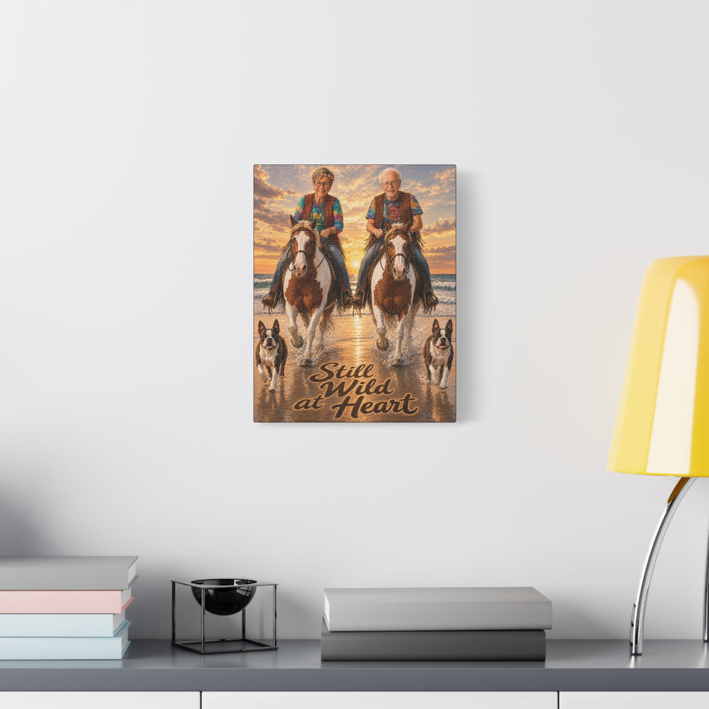 Still Wild at Heart Canvas Wall Art – Elder Couple Riding Horses on Beach