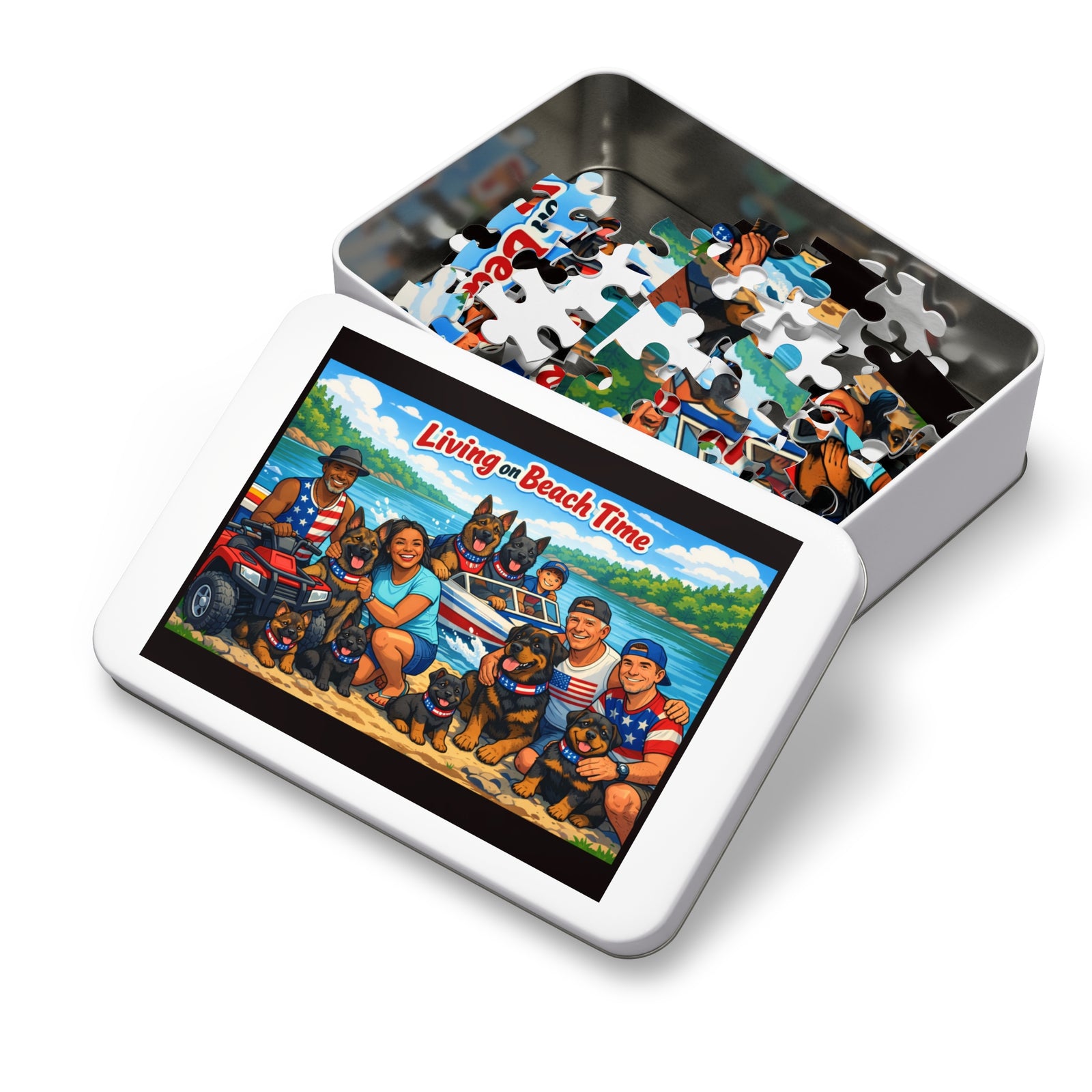 Beach Family & Dogs Jigsaw Puzzle with Tin — 