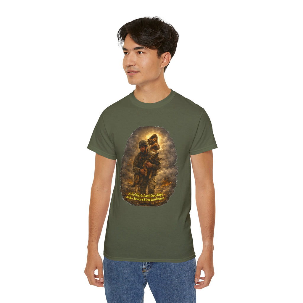 T-Shirt — "A Soldier's Last Goodbye and a Savior's First Embrace" Patriotic Military Tribute