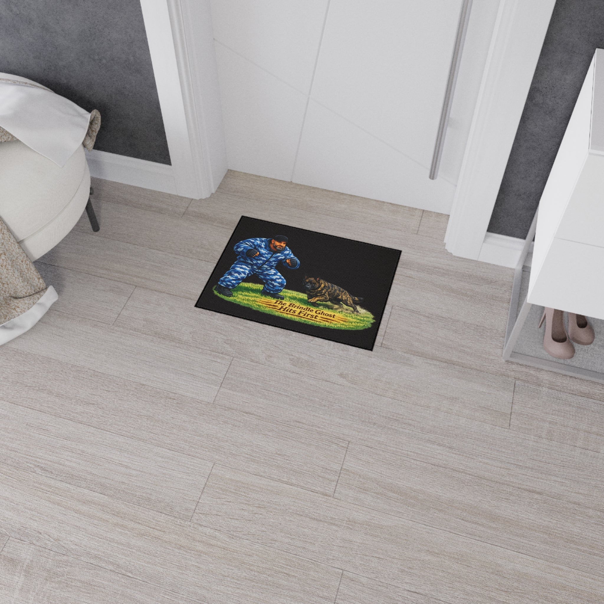 Heavy Duty Floor Mat — 'The Brindle Ghost Hits First' K9 Training Doormat