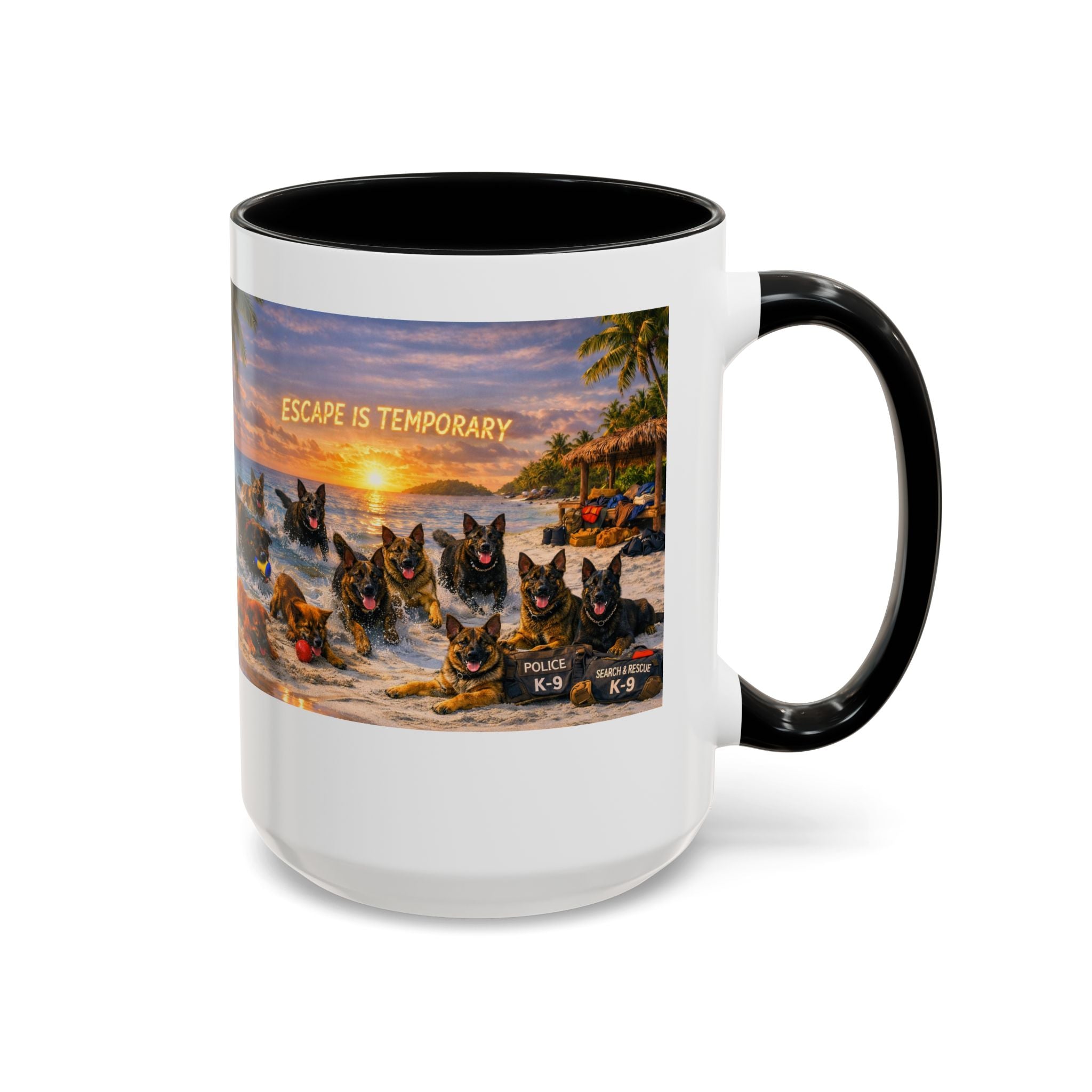 Dutch Shepherd Beach Coffee Mug — "Escape Is Temporary" Accent Mug (11/15oz)