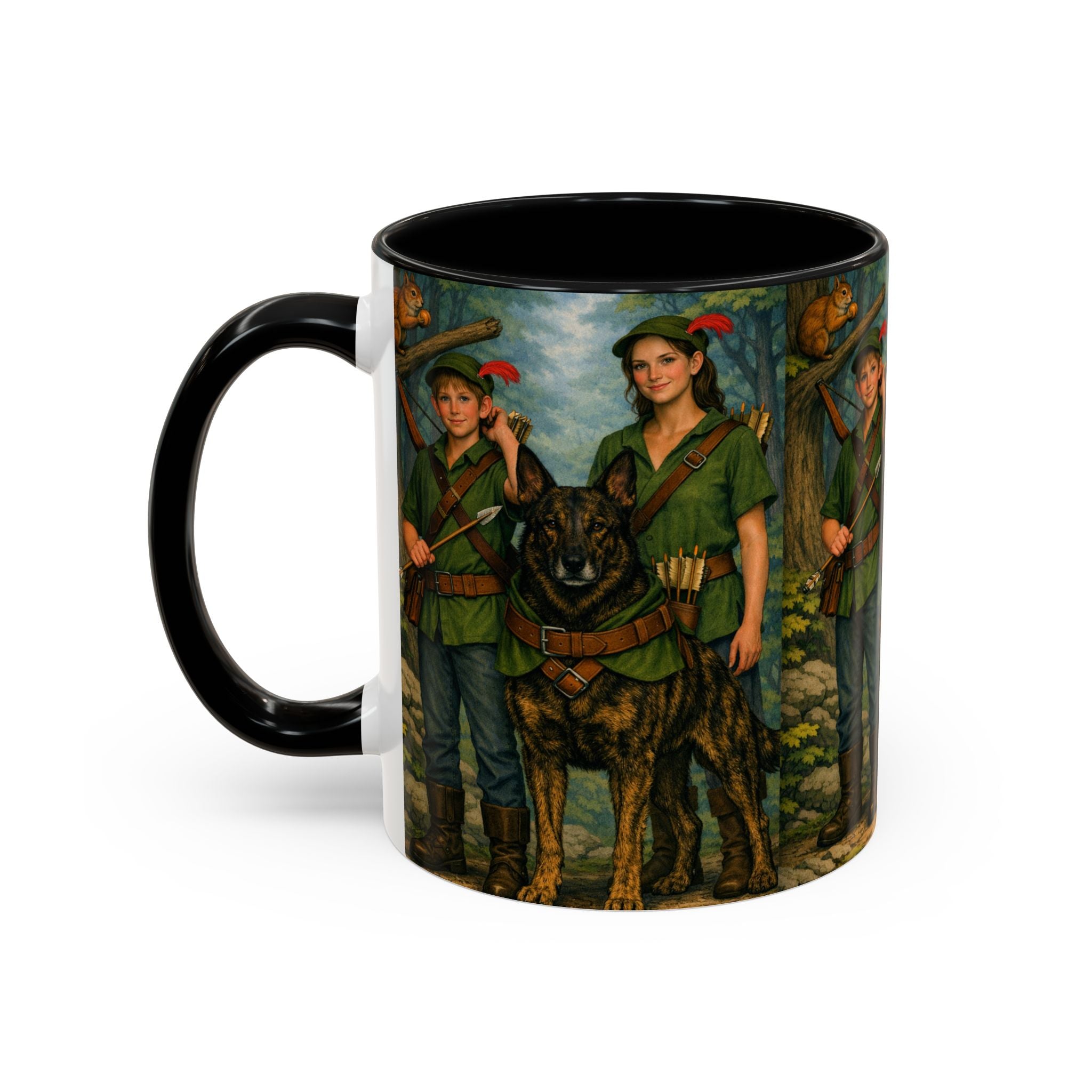 Robin Hood Duo &  Dutch Shepherd Dog Coffee Mug – Fantasy Archer Duo Illustration, Gift for Adventure Fans