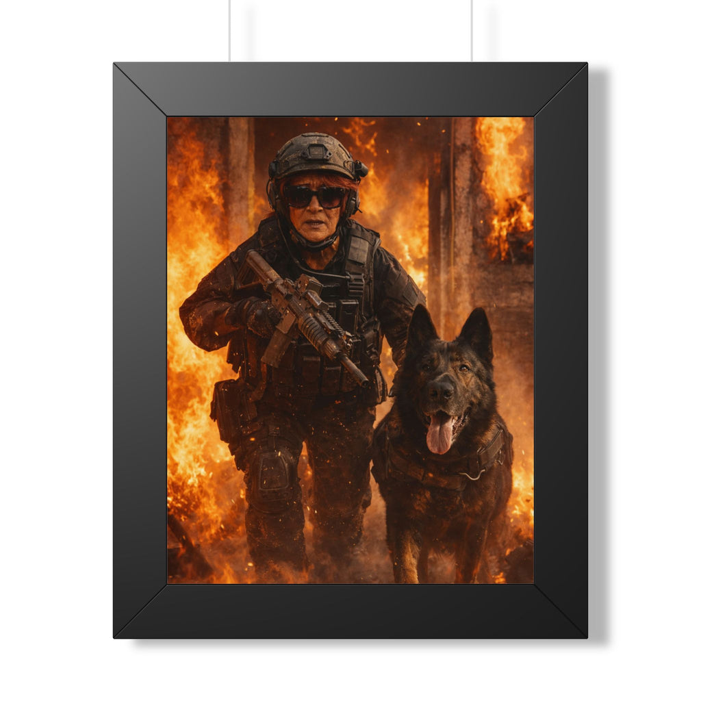 Framed Poster — Tactical Soldier with K9 in Fiery Action Scene