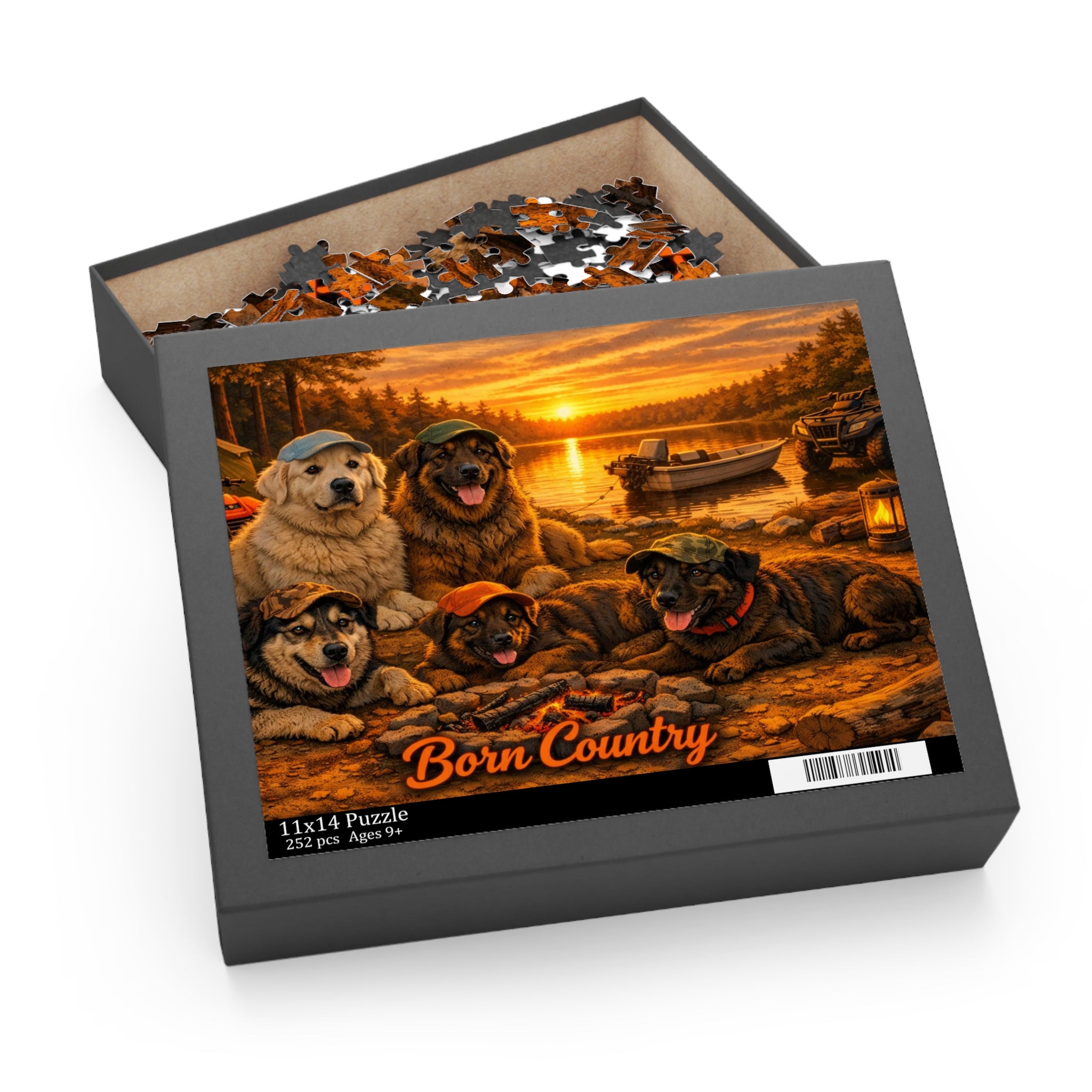 Born Country Dogs Jigsaw Puzzle — Scenic Sunset Cabin Puzzle (120/252/500 pc)