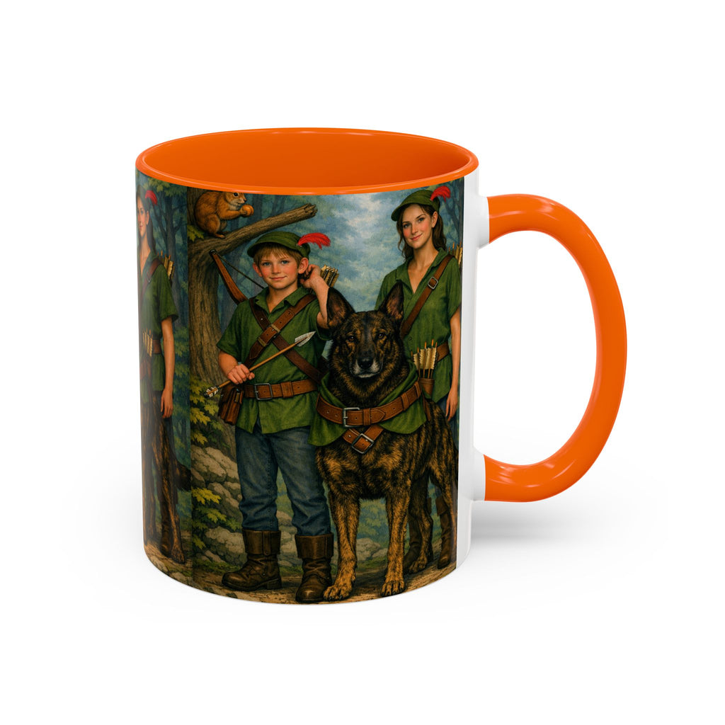 Robin Hood Duo &  Dutch Shepherd Dog Coffee Mug – Fantasy Archer Duo Illustration, Gift for Adventure Fans