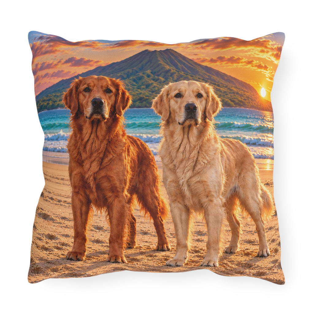 Golden Retrievers Beach Sunset Outdoor Pillow