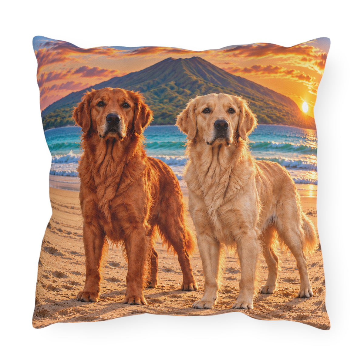 Golden Retrievers Beach Sunset Outdoor Pillow
