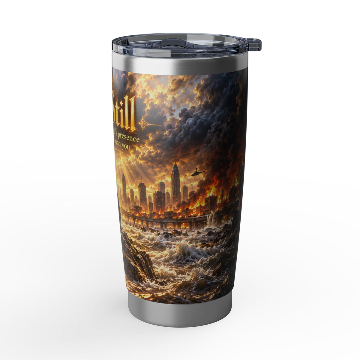 Be Still 20oz Tumbler — Inspirational Christian Travel Mug with Meditative Cityscape Design