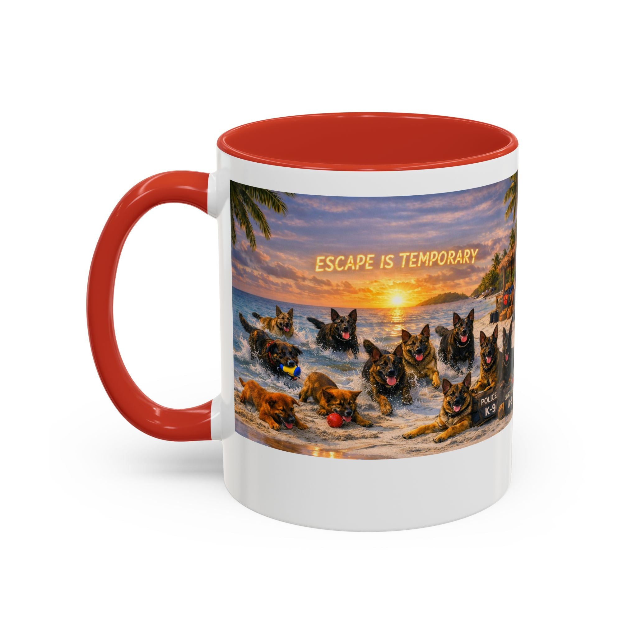 Dutch Shepherd Beach Coffee Mug — "Escape Is Temporary" Accent Mug (11/15oz)