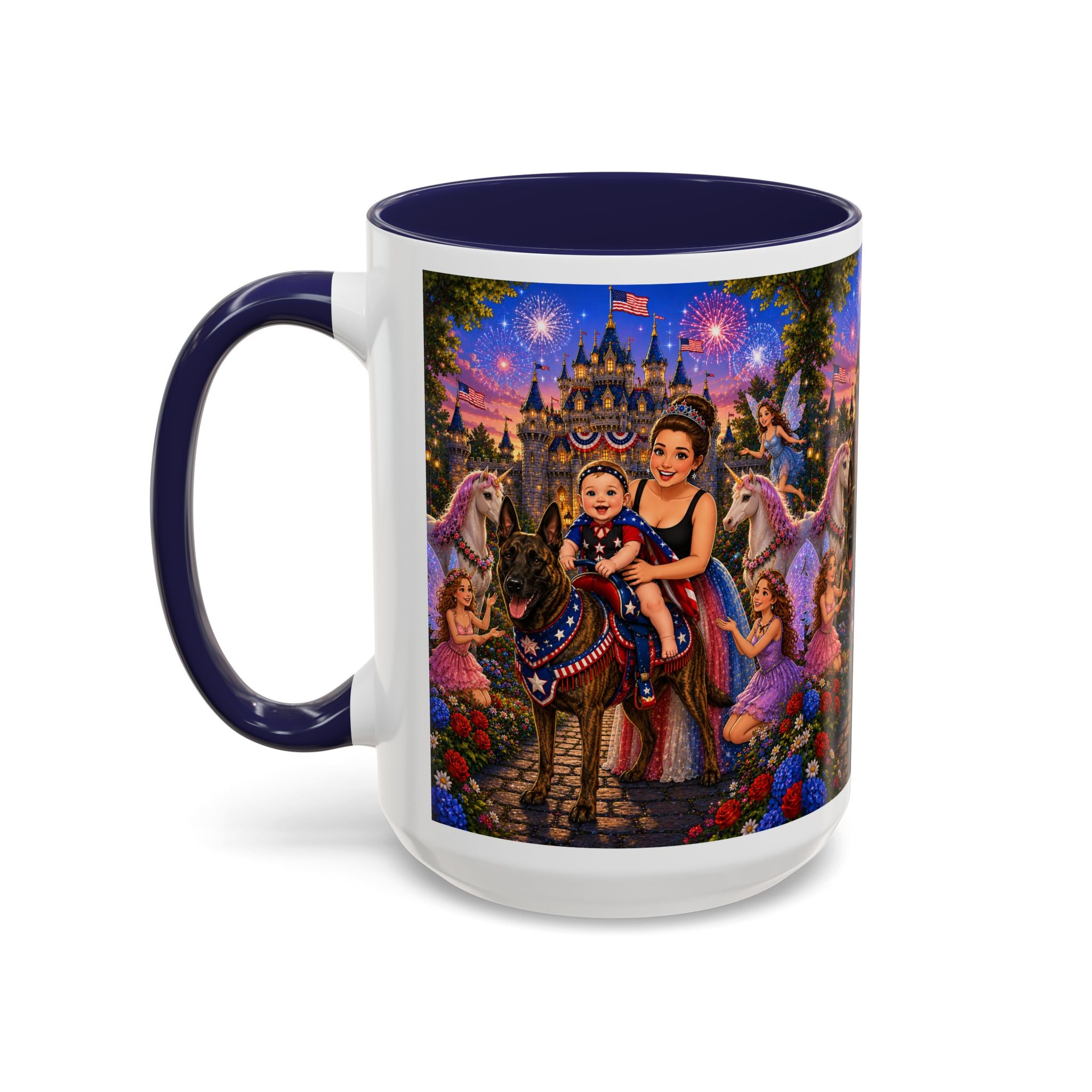 Patriotic Fairy Tale Coffee Mug — Family Castle, Fireworks & Unicorns