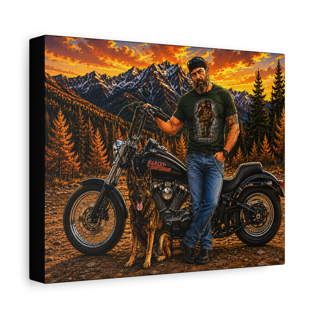 Biker & German Shepherd Matte Canvas Print — Sunset Mountain Motorcycle Wall Art