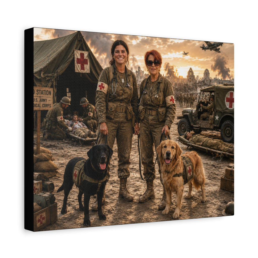 Military Women K9 Medics & Service Dogs Matte Canvas Print — Vintage Wartime Field Hospital Wall Art